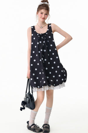 Black Polka Dot Sleeveless Lace Hem Dress