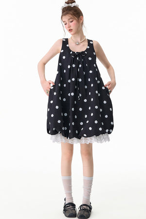 Black Polka Dot Sleeveless Lace Hem Dress