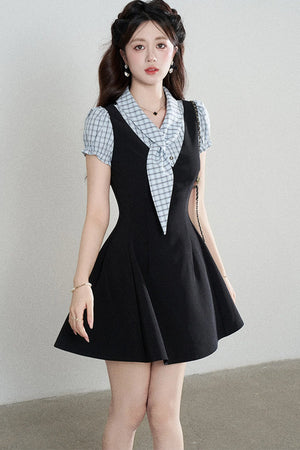 Black Short-Sleeved Patchwork Plaid A-Line Dress