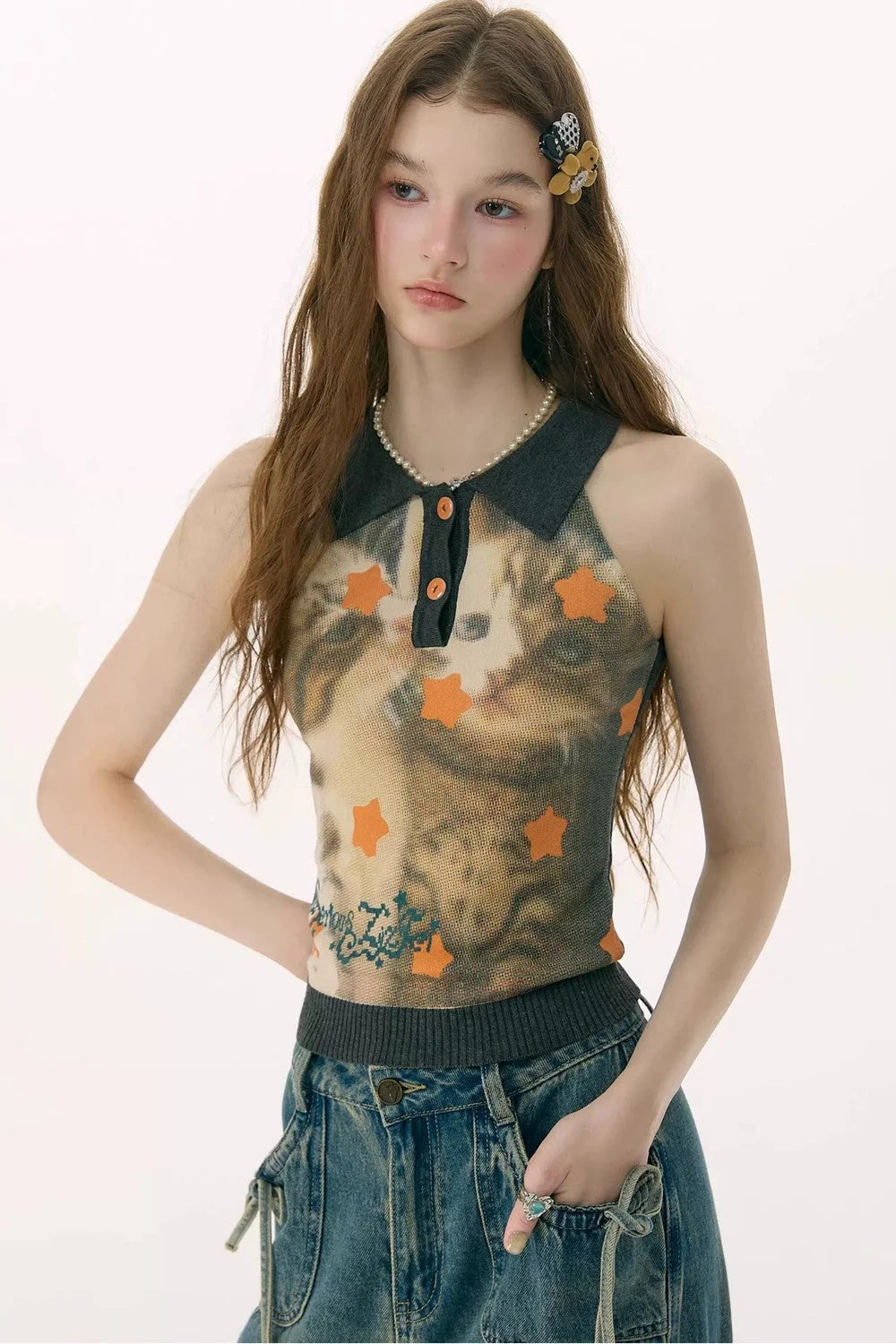 Black Star Cat Polo Knit Vest