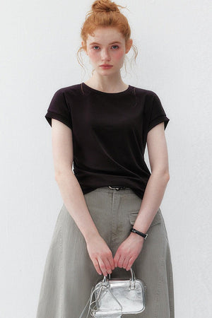 Black Stretchy Lyocell Round Neck T-Shirt