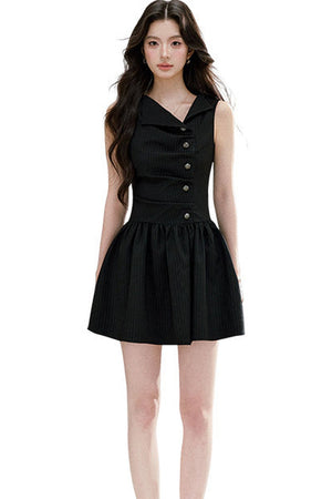Black Striped V-Neck Sleeveless A-Line Dress