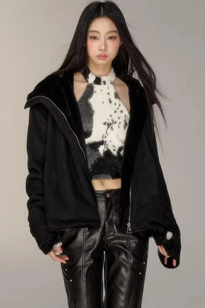 Black Suede Fur Collar Jacket