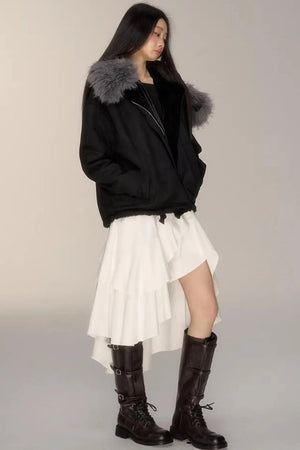 Black Suede Fur Collar Jacket