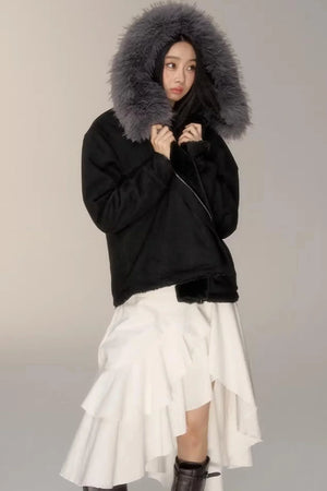 Black Suede Fur Collar Jacket