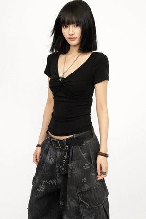 Black V-Neck Y2K Top