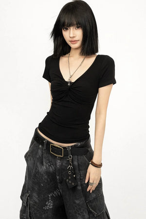 Black V-Neck Y2K Top