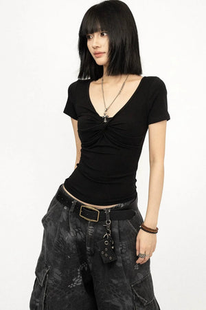 Black V-Neck Y2K Top