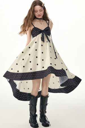 Black White Polka Dot Bow Suspender Dress