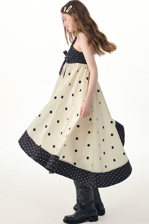 Black White Polka Dot Bow Suspender Dress