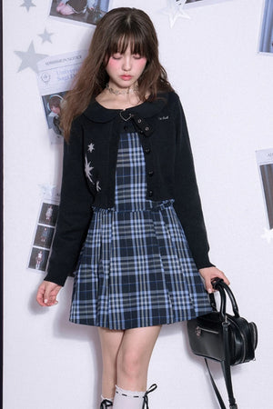 Blue and Black Plaid Fake Two-Piece Dress