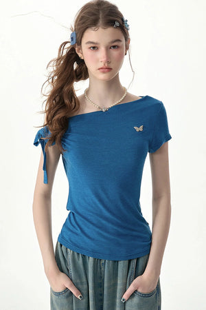 Blue Butterfly Off-Shoulder Short-Sleeve Top