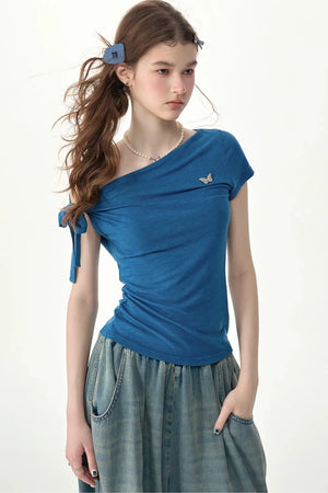 Blue Butterfly Off-Shoulder Short-Sleeve Top
