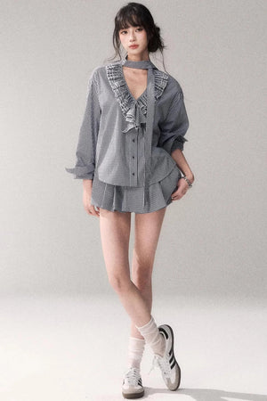 Blue Check Lace Shirt Set-Up