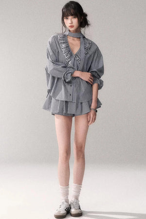 Blue Check Lace Shirt Set-Up