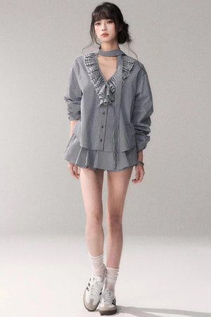 Blue Check Lace Shirt Set-Up