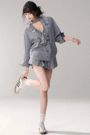 Blue Check Lace Shirt Set-Up