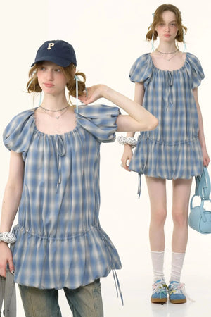 Blue Check Puff Sleeve Dress