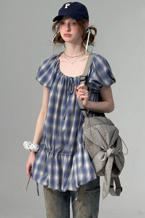 Blue Check Puff Sleeve Dress