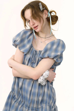 Blue Check Puff Sleeve Dress