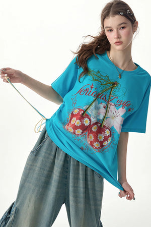 Blue Cherry And Daisy Print Cotton T-Shirt