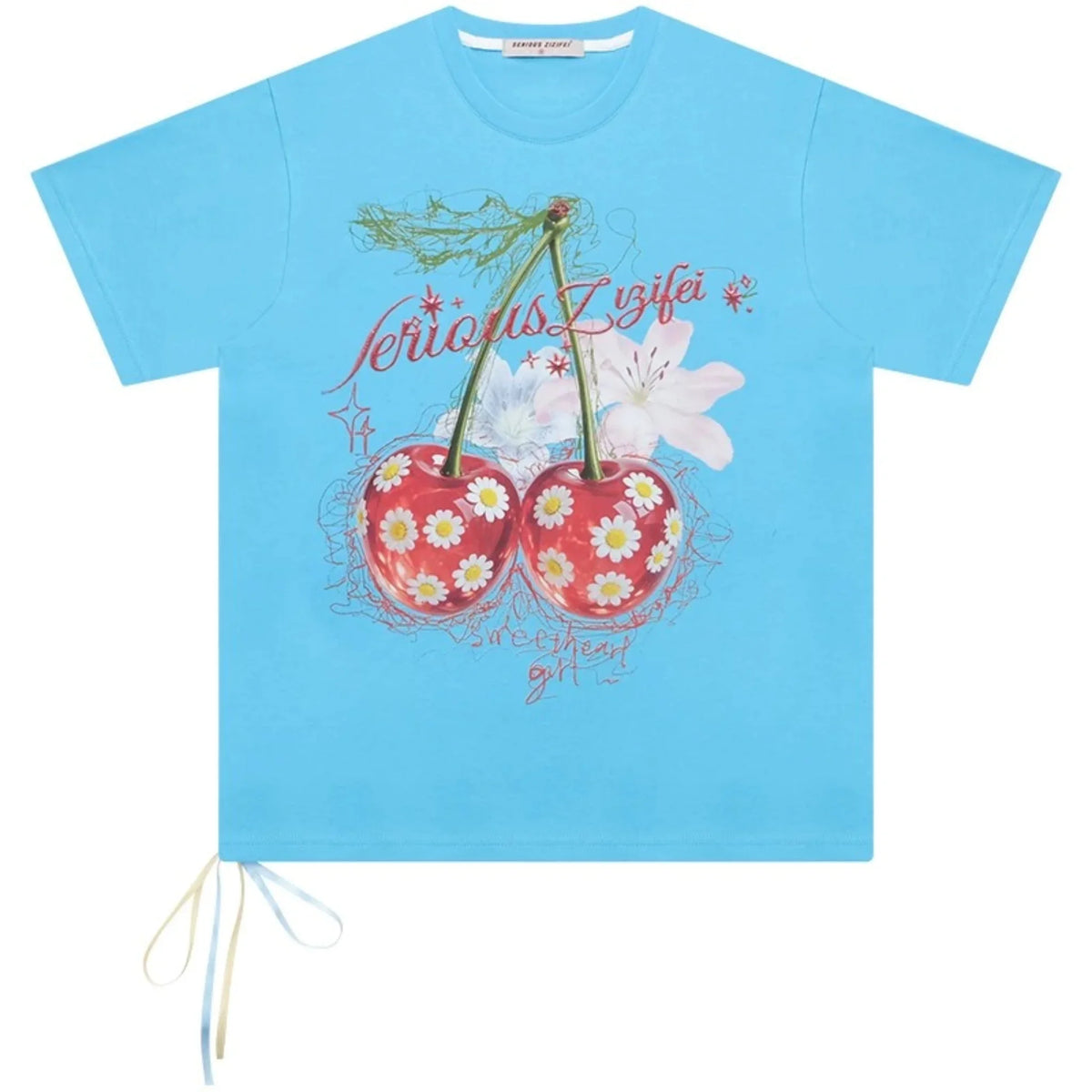 Blue Cherry And Daisy Print Cotton T-Shirt