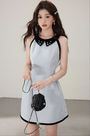 Blue Cinched Waist Halter Dress