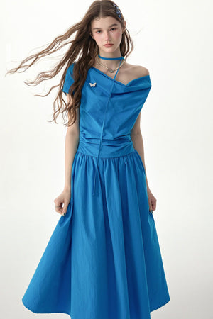 Blue Cowl Neck Long Dress