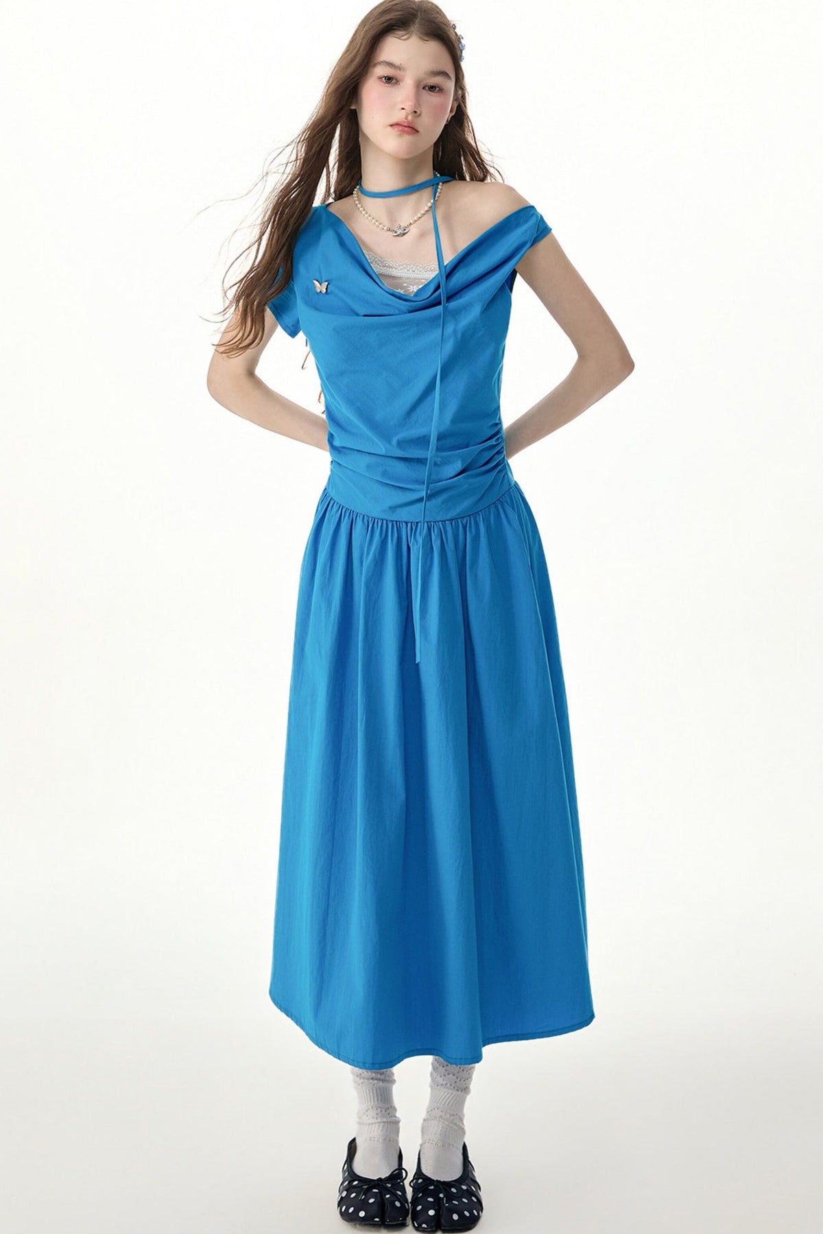 Blue Cowl Neck Long Dress