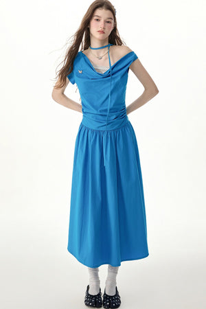 Blue Cowl Neck Long Dress