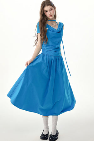Blue Cowl Neck Long Dress