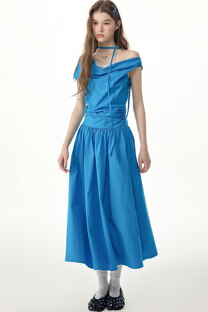 Blue Cowl Neck Long Dress