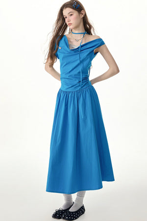 Blue Cowl Neck Long Dress