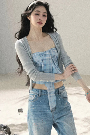 Blue Danube Plaid Bow Tube Top Set-Up