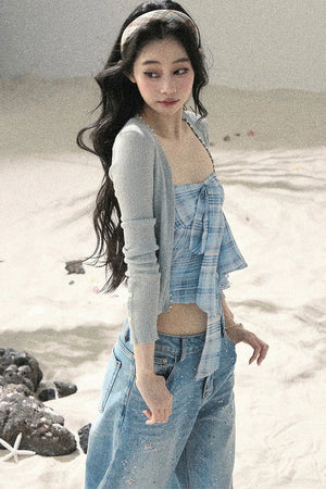 Blue Danube Plaid Bow Tube Top Set-Up