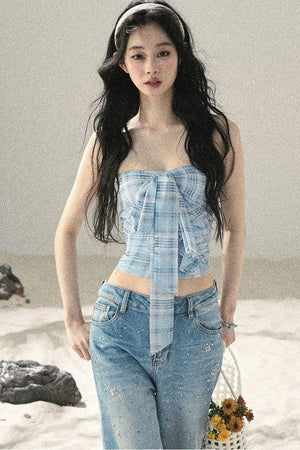Blue Danube Plaid Bow Tube Top Set-Up