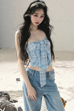 Blue Danube Plaid Bow Tube Top Set-Up