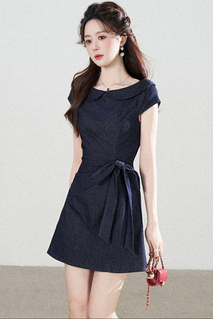 Blue Denim Doll Collar Pleated A-Line Dress