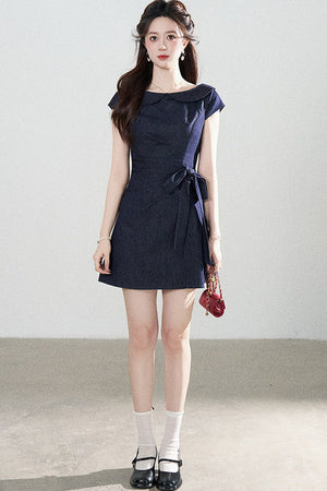 Blue Denim Doll Collar Pleated A-Line Dress