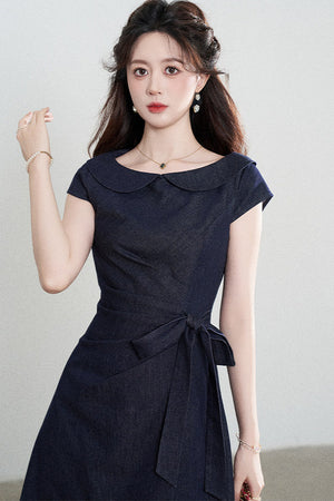 Blue Denim Doll Collar Pleated A-Line Dress
