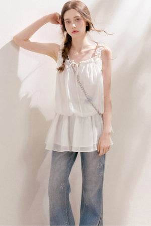 Blue Denim Jeans With Rhinestone Five-Petal Flower