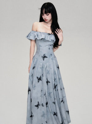 Blue Floating French Vintage Gentle Dress