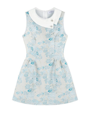 Blue Floral Jacquard Sleeveless Dress