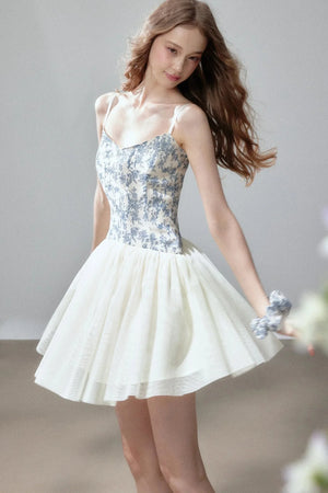 Blue Floral Mesh Strap Mini Dress