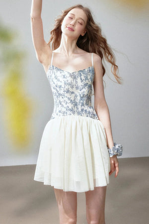 Blue Floral Mesh Strap Mini Dress