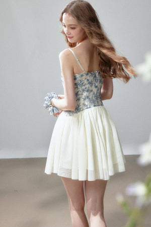Blue Floral Mesh Strap Mini Dress