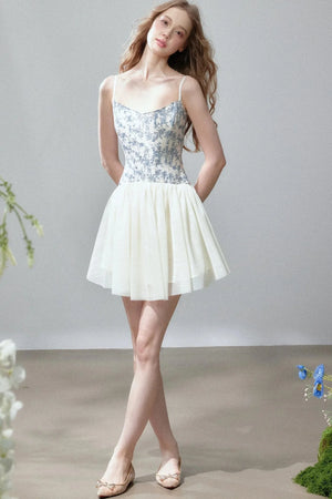 Blue Floral Mesh Strap Mini Dress
