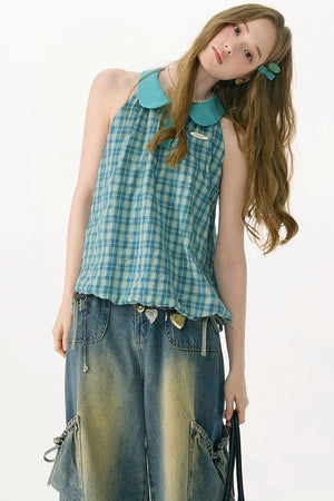 Blue Green Plaid Ruffled Halter Top