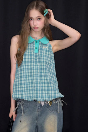Blue Green Plaid Ruffled Halter Top
