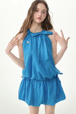 Blue Halter Neck Bow Sleeveless Dress